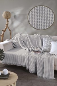 Ladynil Pamuklu Saçaklı Süngersiz Çizgili Gri Tekli Koltuk Örtüsü 170x200 cm