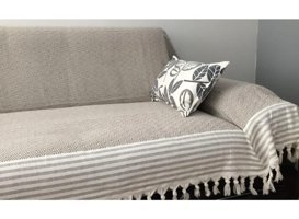 Coperta Pamuklu Kanvas Püsküllü Süngersiz Armürlü Kahverengi Üçlü Koltuk Örtüsü 170x304 cm