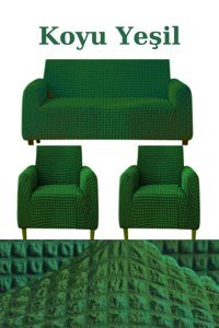 Uytm Polyester Bürümcük-Likralı Süngerli Çizgili Giydirmeli Yeşil Üçlü Koltuk Örtüsü 180x230 cm