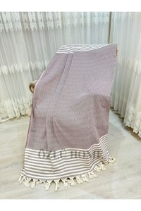 Özlü Home Pamuklu Örgü Saçaklı Süngersiz Çizgili Bordo Tekli Koltuk Örtüsü 180x220 cm