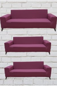 Şahane Ev Mikro Polyester Likralı Jakarlı Süngersiz Düz Giydirmeli Lastikli Gül Kurusu Üçlü Koltuk Örtüsü 55x13 cm