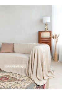 Perdeplus Pamuklu Örgü Jakarlı Süngersiz Geometrik Desenli Bej Tekli Koltuk Örtüsü 240x220 cm
