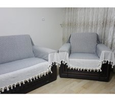 Genç Uludağ Pamuklu Püsküllü Süngersiz Çizgili Gri Tekli Koltuk Örtüsü 180x300 cm