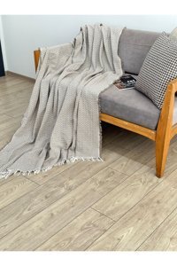 Gri Home Halı Pamuklu Saçaklı Süngersiz Zikzaklı Bej Tekli Koltuk Örtüsü 175x215 cm