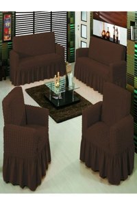 Elgeyar Pamuklu - Polyester Bürümcük Jakarlı Süngersiz Armürlü Giydirmeli Kahverengi Sekizli Koltuk Örtüsü 183x230 cm