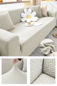 Faiend Polyester Jakarlı Süngersiz Tuğla Desenli Giydirmeli Krem Üçlü Koltuk Örtüsü 230x180 cm