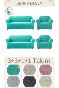 Uy Style Tekstil Likralı Jakarlı Süngerli Armürlü Giydirmeli Yeşil Dörtlü Koltuk Örtüsü 180x230 cm