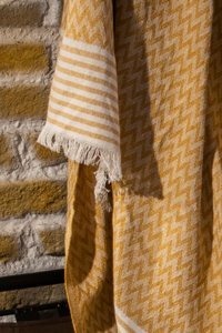 Dafne Moda Naturel Pamuklu Kanvas Saçaklı Süngersiz Armürlü Hardal Üçlü Koltuk Örtüsü 170x210 cm