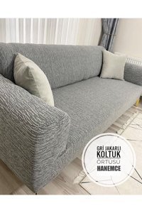 Hanemce Pamuklu - Polyester Süngersiz Kırçıllı Giydirmeli Gri Üçlü Koltuk Örtüsü 180x237 cm