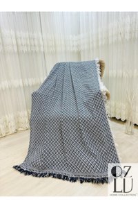 Özlü Home Pamuklu - Polyester Örgü Saçaklı Süngersiz Geometrik Desenli Mavi Tekli Koltuk Örtüsü 170x220 cm
