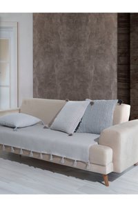 Lux Touch Lavi Pamuklu Ponponlu-Püsküllü Süngersiz Geometrik Desenli Gri Tekli Koltuk Örtüsü 115x201 cm
