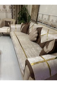 Tekstilsa Kadife Polar Varaklı Süngerli Bej İkili Koltuk Örtüsü 200x70 cm