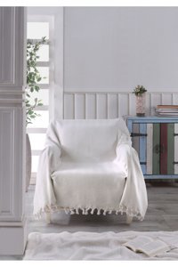 Ladynil Natural Pamuklu Saçaklı Süngersiz Çizgili Ekru Tekli Koltuk Örtüsü 160x160 cm