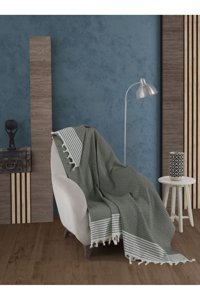 Lux Touch Bergama Pamuklu Püsküllü Süngersiz Geometrik Desenli Haki Tekli Koltuk Örtüsü 150x180 cm