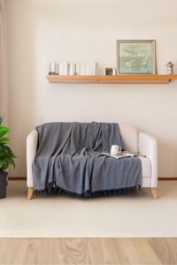 Koza Home Pamuklu - Polyester Saçaklı Süngersiz Çizgili Antrasit Tekli Koltuk Örtüsü 180x215 cm