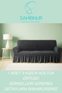 Sahibnur Pamuklu - Polyester Bürümcük Jakarlı Süngersiz Petek Desenli Giydirmeli Gri Tekli Koltuk Örtüsü 180x230 cm