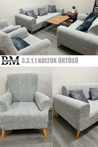 Bonjourmadame Polyester Süngersiz Çizgili Giydirmeli Lastikli Gri Dörtlü Koltuk Örtüsü 180x230 cm