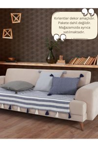 Lux Touch Liva Pamuklu Ponponlu-Püsküllü Süngersiz Geometrik Desenli Lacivert Tekli Koltuk Örtüsü 115x201 cm