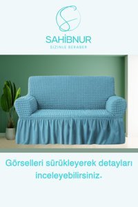 Sahibnur Pamuklu - Polyester Bürümcük Jakarlı Süngersiz Geometrik Desenli Giydirmeli Turkuaz Tekli Koltuk Örtüsü 140x180 cm