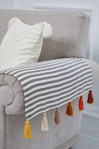 Aisha's Design KC-5 Pamuklu Püsküllü Süngersiz Çizgili Siyah İkili Koltuk Örtüsü 65x57 cm