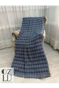Özlü Home Pamuklu Örgü Saçaklı Süngersiz Armürlü Lacivert Tekli Koltuk Örtüsü 170x220 cm