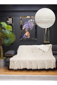 Star Home Collections Pamuklu Polar Saçaklı Süngersiz Geometrik Desenli Bej Tekli Koltuk Örtüsü 170x220 cm