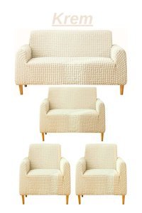 Kırören Pamuklu - Polyester Bürümcük Fırfırlı Süngersiz Düz Giydirmeli Bej Dörtlü Koltuk Örtüsü 180x230 cm
