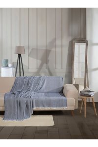 Lux Touch Vera Pamuklu Saçaklı Süngersiz Geometrik Desenli Lacivert Tekli Koltuk Örtüsü 200x220 cm