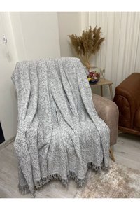 Şener Home Pamuklu Polar Saçaklı Süngersiz Mermer Desenli Gri Tekli Koltuk Örtüsü 170x220 cm