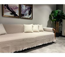 Mucize Evim Pamuklu Saçaklı Süngersiz Geometrik Desenli Bej Tekli Koltuk Örtüsü 170x200 cm