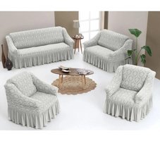 Iydgah Pamuklu - Polyester Likralı Jakarlı Süngersiz Damask Desenli Giydirmeli Gri 3-2-1-1 Koltuk Örtüsü 80x120 cm