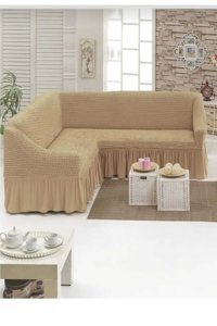 Akbu Pamuklu - Polyester Bürümcük Fırfırlı Süngersiz Giydirmeli Lastikli Bej Tekli Koltuk Örtüsü 180x350 cm