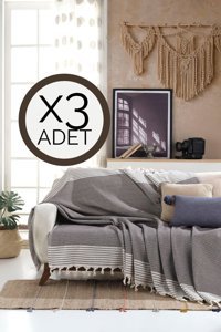 Lux Touch Bergama Pamuklu Püsküllü Süngersiz Geometrik Desenli Kahverengi Üçlü Koltuk Örtüsü 180x200 cm