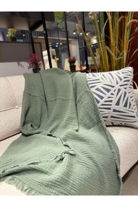 Oteks Home Collection Müslin Örgü Saçaklı Süngersiz Armürlü Haki Tekli Koltuk Örtüsü 100x200 cm