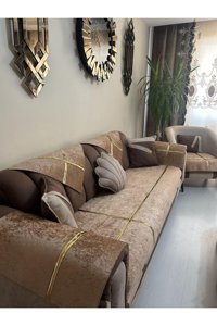 Tekstilsa Kadife Polar Varaklı Süngerli Kahverengi İkili Koltuk Örtüsü 200x70 cm