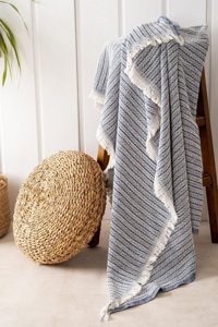 Akaystore Verathrow Pamuklu Püsküllü Süngersiz Ekoseli Lacivert Tekli Koltuk Örtüsü 150x200 cm