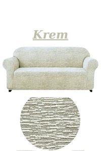 Furkanticaret Jakarlı Süngersiz Kırçıllı Giydirmeli Krem Üçlü Koltuk Örtüsü 180x230 cm