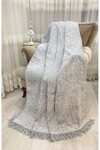 Özlü Home Pamuklu Örgü Saçaklı Süngersiz Gri Tekli Koltuk Örtüsü 170x220 cm