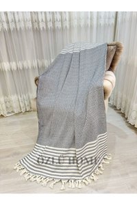Özlü Home Pamuklu Örgü Saçaklı Süngersiz Çizgili Siyah Tekli Koltuk Örtüsü 180x220 cm