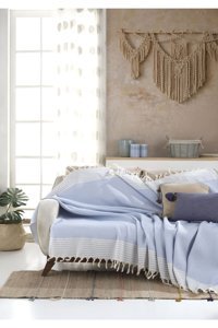 Lux Touch Bergama Pamuklu Püsküllü Süngersiz Geometrik Desenli Mavi Tekli Koltuk Örtüsü 170x200 cm