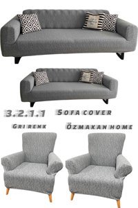 Özmakan Likralı Jakarlı Süngersiz Çizgili Giydirmeli Gri Dörtlü Koltuk Örtüsü 180x230 cm