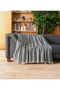 Mokita Home Pamuklu Saçaklı Süngersiz Çizgili Siyah Tekli Koltuk Örtüsü 170x210 cm