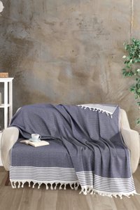 Pamukören Natural Pamuklu - Polyester Örgü Saçaklı Süngersiz Geometrik Desenli Lacivert İkili Koltuk Örtüsü 170x210 cm