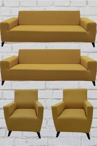 Şahane Ev Mikro Polyester Likralı Jakarlı Süngersiz Düz Giydirmeli Lastikli Hardal Üçlü Koltuk Örtüsü 140 cm