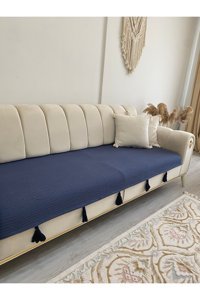 Tekstilsepetim Pamuklu Polar Püsküllü Süngersiz Düz Lacivert Tekli Koltuk Örtüsü 90x220 cm