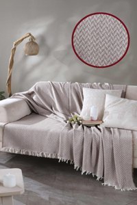 Ladynil Pamuklu Saçaklı Süngersiz Çizgili Bej Tekli Koltuk Örtüsü 170x200 cm
