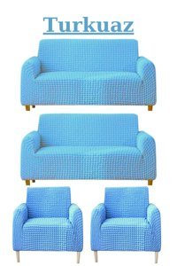 Uytm Polyester Bürümcük-Likralı Süngerli Çizgili Giydirmeli Turkuaz Dörtlü Koltuk Örtüsü 180x230 cm
