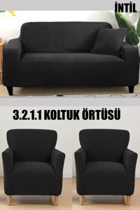 İntil Pamuklu - Polyester Likralı Süngersiz Kareli Giydirmeli Gri 3-2-1-1 Koltuk Örtüsü 180x230 cm
