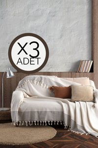 Lux Touch Bergama Pamuklu Püsküllü Süngersiz Geometrik Desenli Ekru Üçlü Koltuk Örtüsü 180x200 cm