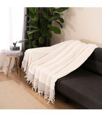 Dafne Moda Naturel Pamuklu Kanvas Püsküllü Süngersiz Armürlü Ekru Üçlü Koltuk Örtüsü 170x210 cm